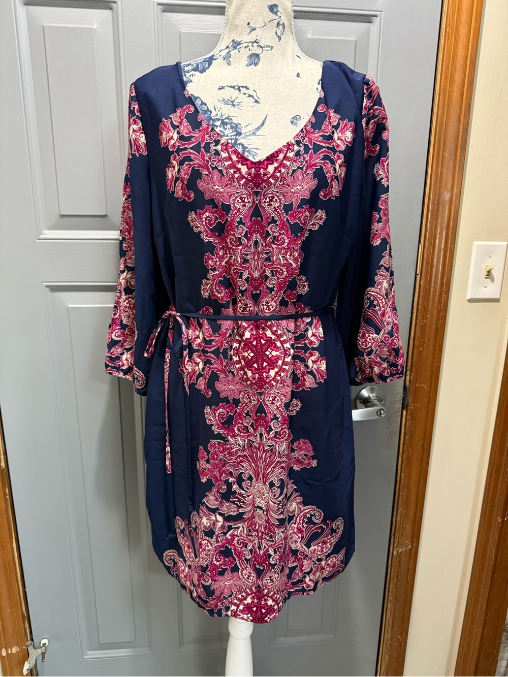 Navy boho paisley-Dress with Fuchsia Floral Medallion Print (Med) Pink Owl
